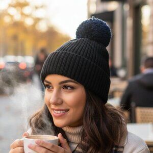 Hat Attack Black Ribbed Knit Beanie with Blue Pom Pom - Very Good Condition